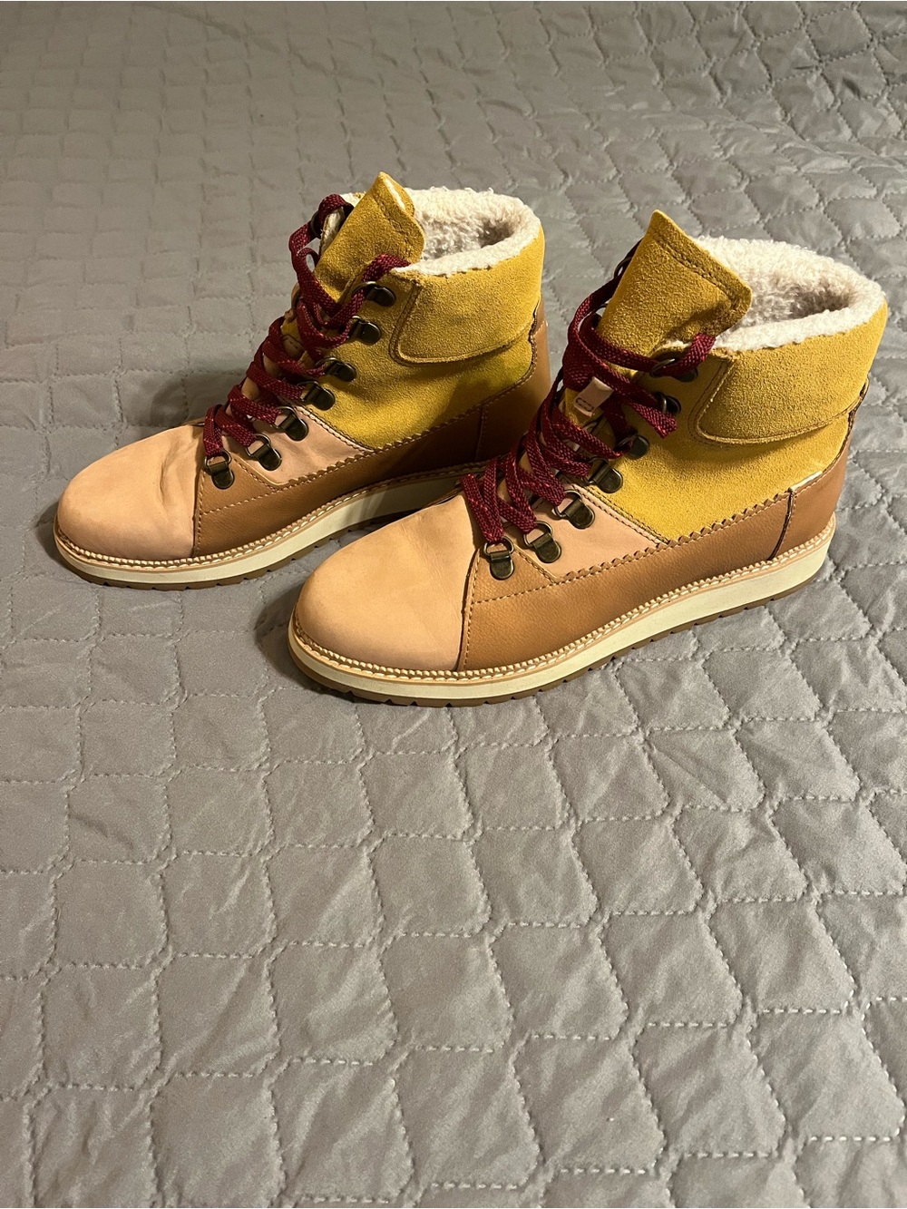 Toms Two-Tone Lace-Up Ankle Boots in Mustard, Tan and Burgundy